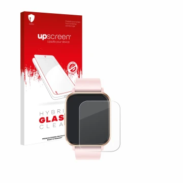 Face avant d’un emballage produit avec le logo de la marque upscreen. À côté, l’appareil walkbee Smartwatch 1.83