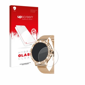 Face avant d’un emballage produit avec le logo de la marque upscreen. À côté, l’appareil walkbee Smartwatch 1.3
