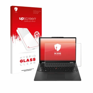 Face avant d’un emballage produit avec le logo de la marque upscreen. À côté, l’appareil Lenovo ThinkPad X13 Gen 5 est représe