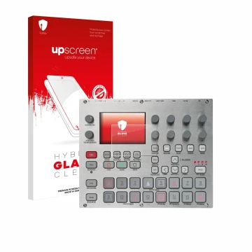 Face avant d’un emballage produit avec le logo de la marque upscreen. À côté, l’appareil Elektron Syntakt E25 Remix Edition es