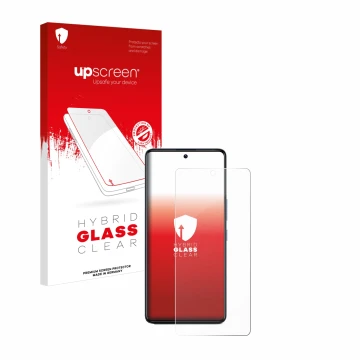 Face avant d’un emballage produit avec le logo de la marque upscreen. À côté, l’appareil Infinix GT 20 Pro est représenté avec