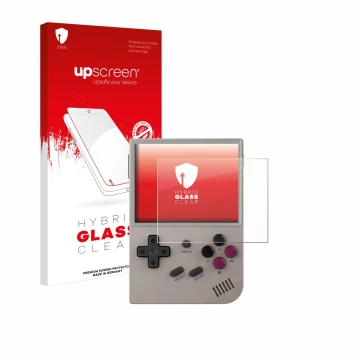 Face avant d’un emballage produit avec le logo de la marque upscreen. À côté, l’appareil Anbernic RG35XX Plus est représenté a