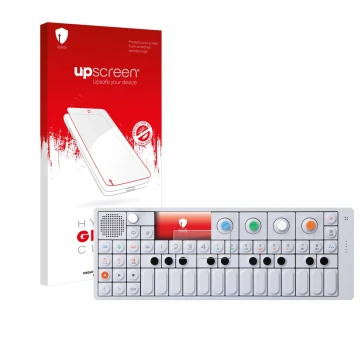 Face avant d’un emballage produit avec le logo de la marque upscreen. À côté, l’appareil Teenage Engineering OP-1 Sampler & Co