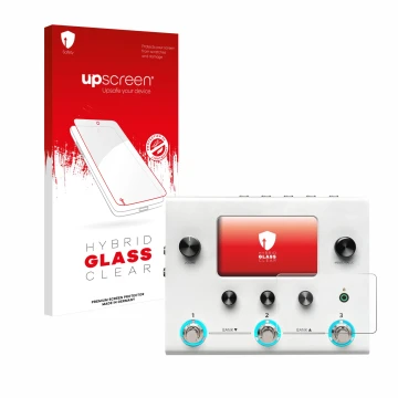 Face avant d’un emballage produit avec le logo de la marque upscreen. À côté, l’appareil Hotone Ampero II Stomp est représenté