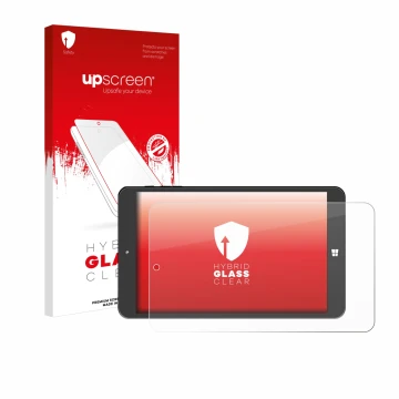 Face avant d’un emballage produit avec le logo de la marque upscreen. À côté, l’appareil SZTPS Tablet 8