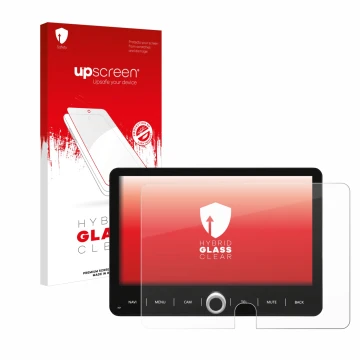 Face avant d’un emballage produit avec le logo de la marque upscreen. À côté, l’appareil Dynavin D9-T5TP est représenté avec l