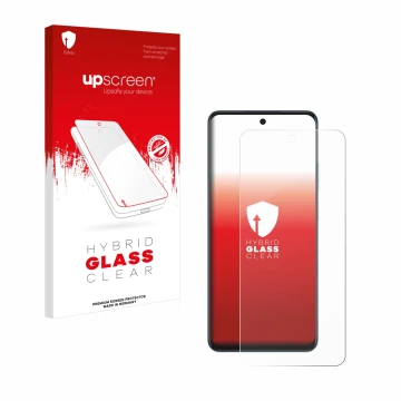 Face avant d’un emballage produit avec le logo de la marque upscreen. À côté, l’appareil Oppo A60 est représenté avec la prote