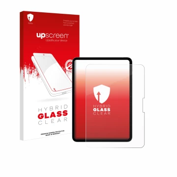 Face avant d’un emballage produit avec le logo de la marque upscreen. À côté, l’appareil Apple iPad Pro 11
