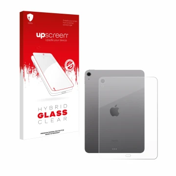 Face avant d’un emballage produit avec le logo de la marque upscreen. À côté, l’appareil Apple iPad Air 11