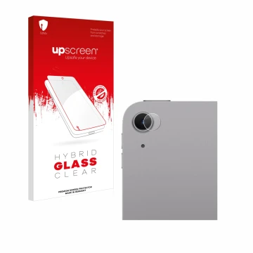 Face avant d’un emballage produit avec le logo de la marque upscreen. À côté, l’appareil Apple iPad Air 13