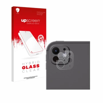 Face avant d’un emballage produit avec le logo de la marque upscreen. À côté, l’appareil Apple iPad Pro 13