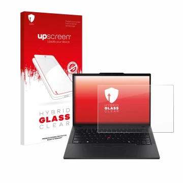 Face avant d’un emballage produit avec le logo de la marque upscreen. À côté, l’appareil Lenovo ThinkPad T14s Gen 5 est représ
