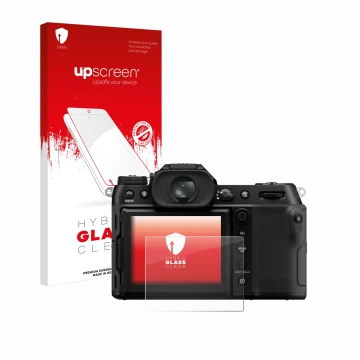 Face avant d’un emballage produit avec le logo de la marque upscreen. À côté, l’appareil Fujifilm GFX100S II est représenté av