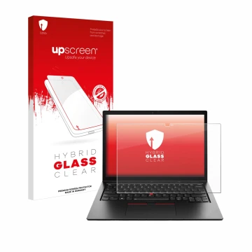 Face avant d’un emballage produit avec le logo de la marque upscreen. À côté, l’appareil Lenovo ThinkPad L13 2-in-1 Gen 5 est 