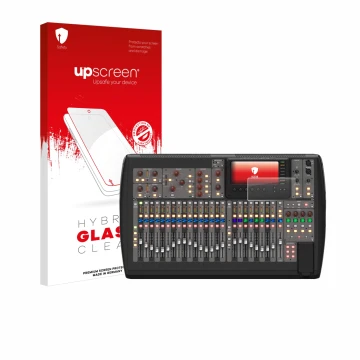 Face avant d’un emballage produit avec le logo de la marque upscreen. À côté, l’appareil Behringer X32 est représenté avec la 