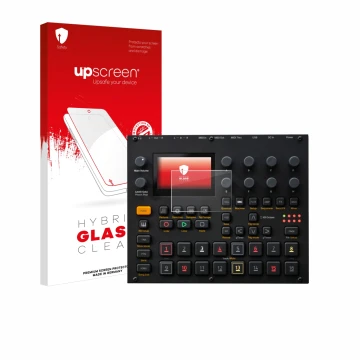 Face avant d’un emballage produit avec le logo de la marque upscreen. À côté, l’appareil Elektron Digitakt II est représenté a