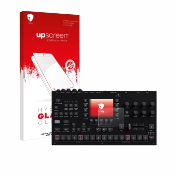 Face avant d’un emballage produit avec le logo de la marque upscreen. À côté, l’appareil Elektron Octatrack MKII est représent