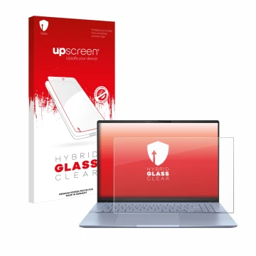 Face avant d’un emballage produit avec le logo de la marque upscreen. À côté, l’appareil ASUS Vivobook S16 OLED S5606 est repr
