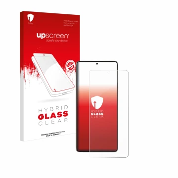 Face avant d’un emballage produit avec le logo de la marque upscreen. À côté, l’appareil Xiaomi Poco F6 est représenté avec la