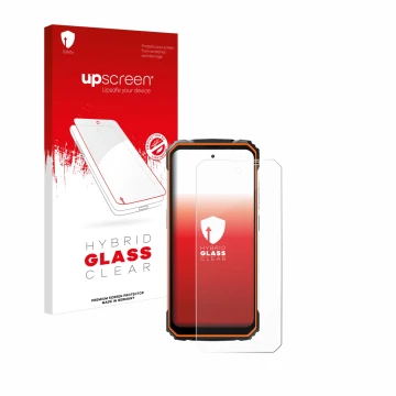 Face avant d’un emballage produit avec le logo de la marque upscreen. À côté, l’appareil Blackview BV8100 est représenté avec 