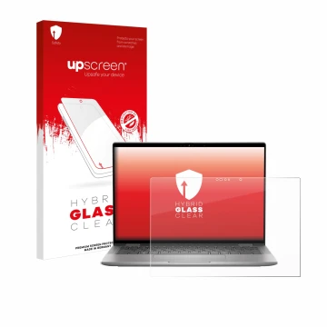 Face avant d’un emballage produit avec le logo de la marque upscreen. À côté, l’appareil Dell Latitude 7350 2-in-1 est représe