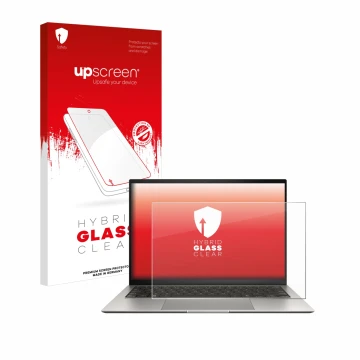 Face avant d’un emballage produit avec le logo de la marque upscreen. À côté, l’appareil ASUS ZenBook S 13 OLED UX5304 est rep