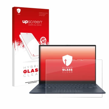 Face avant d’un emballage produit avec le logo de la marque upscreen. À côté, l’appareil ASUS ZenBook 14 OLED UX3405 Touch est