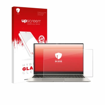 Face avant d’un emballage produit avec le logo de la marque upscreen. À côté, l’appareil ASUS ZenBook 15 OLED UM3504 est repré