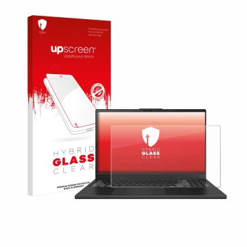 Face avant d’un emballage produit avec le logo de la marque upscreen. À côté, l’appareil ASUS VivoBook Pro 15 OLED N6506 est r