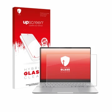 Face avant d’un emballage produit avec le logo de la marque upscreen. À côté, l’appareil ASUS Vivobook S 14 OLED M5406 est rep
