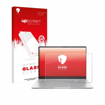 Face avant d’un emballage produit avec le logo de la marque upscreen. À côté, l’appareil ASUS Vivobook S16 OLED M5606 est repr