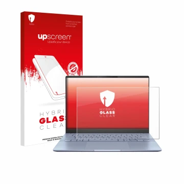 Face avant d’un emballage produit avec le logo de la marque upscreen. À côté, l’appareil ASUS Vivobook S 14 OLED S5406 est rep