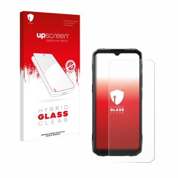 Face avant d’un emballage produit avec le logo de la marque upscreen. À côté, l’appareil Hotwav Cyber 15 est représenté avec l