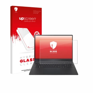 Face avant d’un emballage produit avec le logo de la marque upscreen. À côté, l’appareil LG gram Pro 16 2024 est représenté av