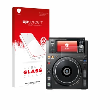Face avant d’un emballage produit avec le logo de la marque upscreen. À côté, l’appareil Pioneer XDJ -1000MK2 est représenté a