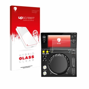 Face avant d’un emballage produit avec le logo de la marque upscreen. À côté, l’appareil Pioneer XDJ -700 est représenté avec 