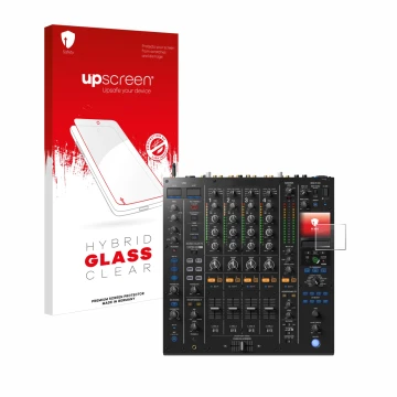 Face avant d’un emballage produit avec le logo de la marque upscreen. À côté, l’appareil Pioneer DJM A9 est représenté avec la