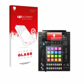Face avant d’un emballage produit avec le logo de la marque upscreen. À côté, l’appareil Pioneer DJS -1000 est représenté avec