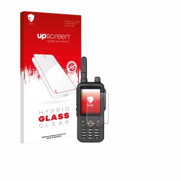 Face avant d’un emballage produit avec le logo de la marque upscreen. À côté, l’appareil Inrico T320 est représenté avec la pr