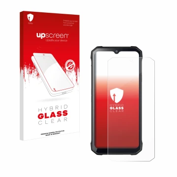 Face avant d’un emballage produit avec le logo de la marque upscreen. À côté, l’appareil Hotwav T7 est représenté avec la prot