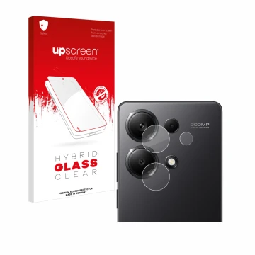 Face avant d’un emballage produit avec le logo de la marque upscreen. À côté, l’appareil Xiaomi Redmi Note 13 Pro 4G (Caméra U