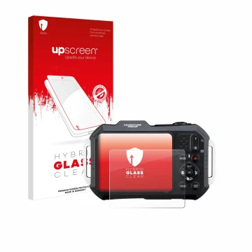 Face avant d’un emballage produit avec le logo de la marque upscreen. À côté, l’appareil Ricoh Pentax WG-1000 est représenté a