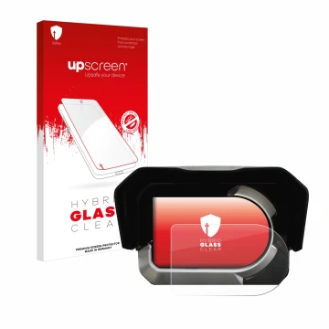 Face avant d’un emballage produit avec le logo de la marque upscreen. À côté, l’appareil Kymco CV3 est représenté avec la prot