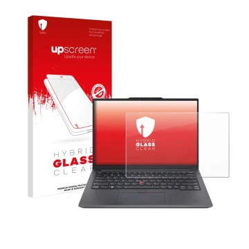 Face avant d’un emballage produit avec le logo de la marque upscreen. À côté, l’appareil Lenovo ThinkPad E14 Gen 6 est représe