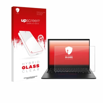 Face avant d’un emballage produit avec le logo de la marque upscreen. À côté, l’appareil Lenovo ThinkPad L13 Gen 5 est représe