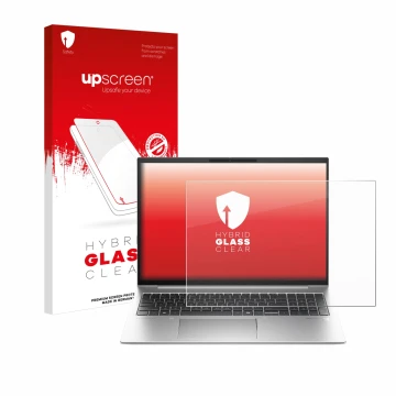 Face avant d’un emballage produit avec le logo de la marque upscreen. À côté, l’appareil HP EliteBook 845 G11 est représenté a