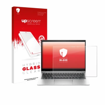Face avant d’un emballage produit avec le logo de la marque upscreen. À côté, l’appareil HP Elite x360 830 G11 2-in-1 est repr