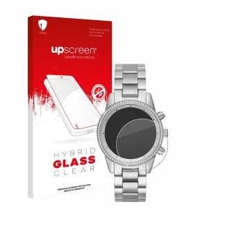 Face avant d’un emballage produit avec le logo de la marque upscreen. À côté, l’appareil Michael Kors Ritz MK6428 est représen