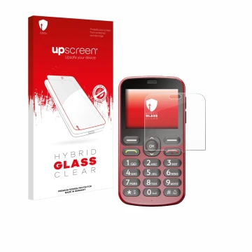 Face avant d’un emballage produit avec le logo de la marque upscreen. À côté, l’appareil Doro 1880 est représenté avec la prot