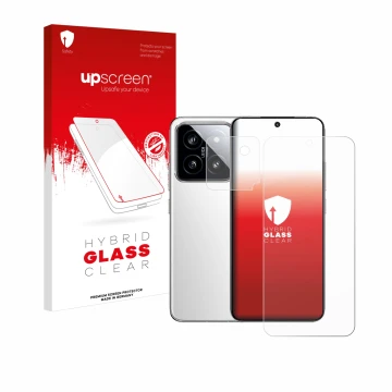 Face avant d’un emballage produit avec le logo de la marque upscreen. À côté, l’appareil Xiaomi 14 (Avant+Caméra) est représen